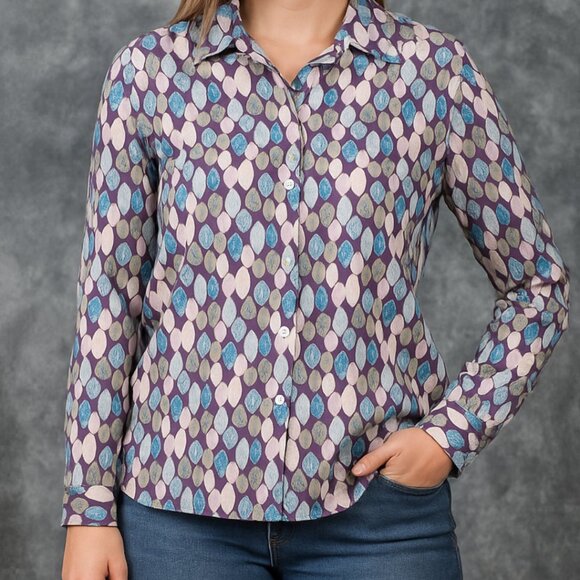 Talbots Tops - Talbots Women Blouse M Purple Blue Novelty Leaves Floral Button Front Roll Tab